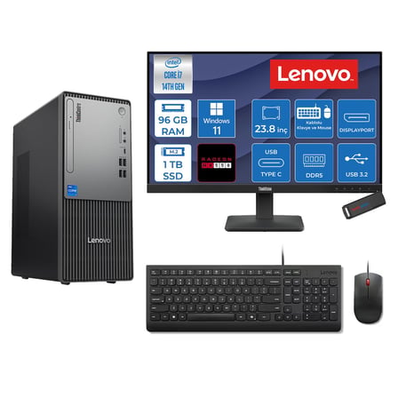 Lenovo Thinkcentre Neo 50T Gen 5  Intel® Core™ İ7-14700 96GB Ddr5 1tb SSD 4GB/RX550 WIN11PRO +23.8 Monitör Mini Tower Masaüstü Bilgisayar 2312UD001UTR27P33+ZETTAUSBBELLEK