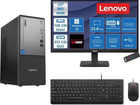 Lenovo Thinkcentre Neo 50T Gen 5  Intel® Core™ İ7-14700 128GB Ddr5 512GB SSD 4GB/RX550 WIN11PRO +23.8 Monitör Mini Tower Masaüstü Bilgisayar 2312UD001UTR27P37+ZETTAUSBBELLEK