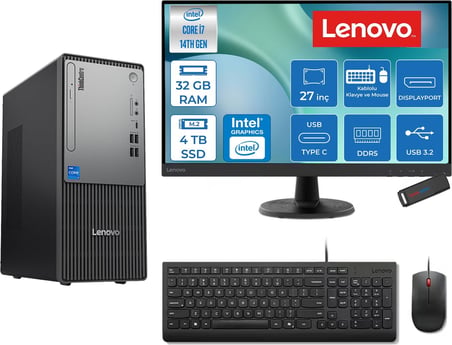 Lenovo Thinkcentre Neo 50T Gen 5  Intel® Core™ İ7-14700 32GB Ddr5 4tb SSD Intel® UHD Graphics 770 Freedos +27" Monitör Mini Tower Masaüstü Bilgisayar 2712UD001UTRF15+ZETTAUSBBELLEK