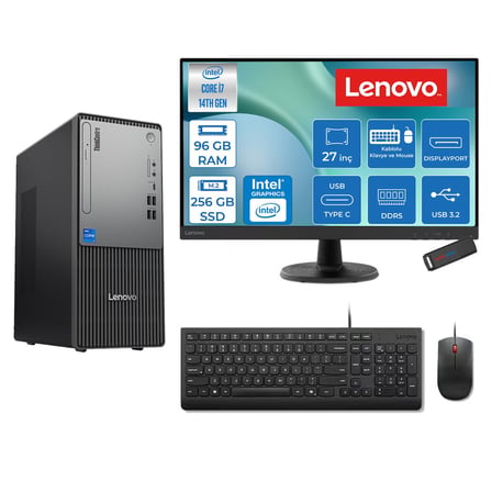 Lenovo Thinkcentre Neo 50T Gen 5  Intel® Core™ İ7-14700 96GB Ddr5 256GB SSD Intel® UHD Graphics 770 Freedos +27" Monitör Mini Tower Masaüstü Bilgisayar 2712UD001UTRF31+ZETTAUSBBELLEK