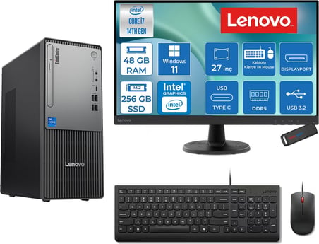 Lenovo Thinkcentre Neo 50T Gen 5  Intel® Core™ İ7-14700 48GB Ddr5 256GB SSD Intel® UHD Graphics 770 WIN11PRO +27" Monitör Mini Tower Masaüstü Bilgisayar 2712UD001UTRP16+ZETTAUSBBELLEK