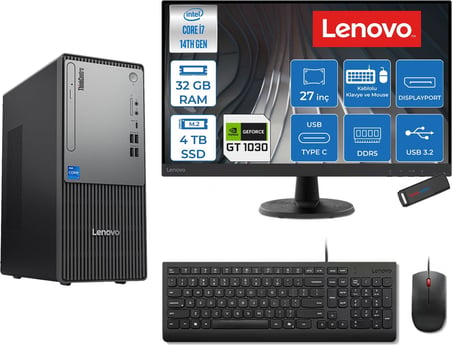 Lenovo Thinkcentre Neo 50T Gen 5  Intel® Core™ İ7-14700 32GB Ddr5 4tb SSD 4GB/GT1030  Freedos +27" Monitör Mini Tower Masaüstü Bilgisayar 2712UD001UTR21F15+ZETTAUSBBELLEK