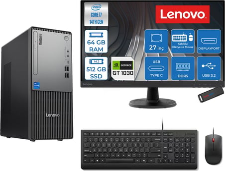 Lenovo Thinkcentre Neo 50T Gen 5  Intel® Core™ İ7-14700 64GB Ddr5 512GB SSD 4GB/GT1030  Freedos +27" Monitör Mini Tower Masaüstü Bilgisayar 2712UD001UTR21F22+ZETTAUSBBELLEK