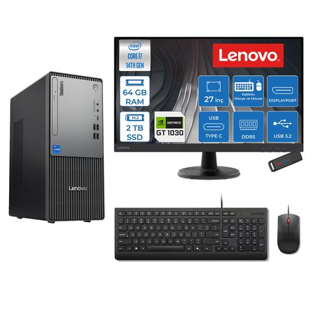 Lenovo Thinkcentre Neo 50T Gen 5  Intel® Core™ İ7-14700 64GB Ddr5 2tb SSD 4GB/GT1030  Freedos +27" Monitör Mini Tower Masaüstü Bilgisayar 2712UD001UTR21F24+ZETTAUSBBELLEK