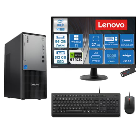 Lenovo Thinkcentre Neo 50T Gen 5  Intel® Core™ İ7-14700 96GB Ddr5 512GB SSD 4GB/GT1030  WIN11HOME +27" Monitör Mini Tower Masaüstü Bilgisayar 2712UD001UTR21H32+ZETTAUSBBELLEK