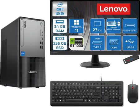 Lenovo Thinkcentre Neo 50T Gen 5  Intel® Core™ İ7-14700 24GB Ddr5 256GB SSD 4GB/GT1030  WIN11PRO +27" Monitör Mini Tower Masaüstü Bilgisayar 2712UD001UTR21P06+ZETTAUSBBELLEK