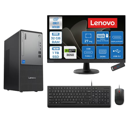 Lenovo Thinkcentre Neo 50T Gen 5  Intel® Core™ İ7-14700 32GB Ddr5 1tb SSD 6GB/RTX3050 Freedos +27" Monitör Mini Tower Masaüstü Bilgisayar 2712UD001UTR23F13+ZETTAUSBBELLEK