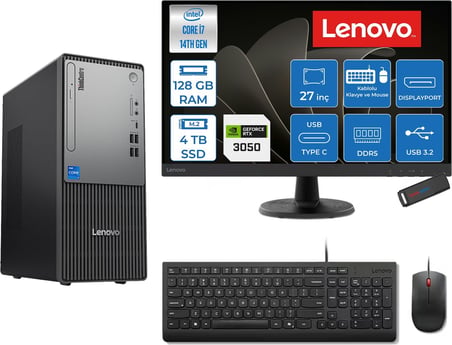Lenovo Thinkcentre Neo 50T Gen 5  Intel® Core™ İ7-14700 128GB Ddr5 4tb SSD 6GB/RTX3050 Freedos +27" Monitör Mini Tower Masaüstü Bilgisayar 2712UD001UTR23F40+ZETTAUSBBELLEK