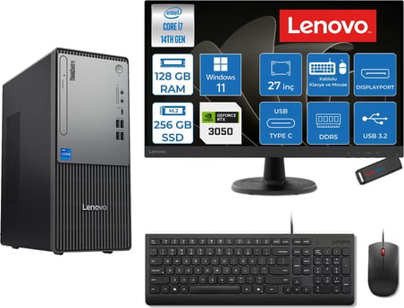 Lenovo Thinkcentre Neo 50T Gen 5  Intel® Core™ İ7-14700 128GB Ddr5 256GB SSD 6GB/RTX3050 WIN11HOME +27" Monitör Mini Tower Masaüstü Bilgisayar 2712UD001UTR23H36+ZETTAUSBBELLEK