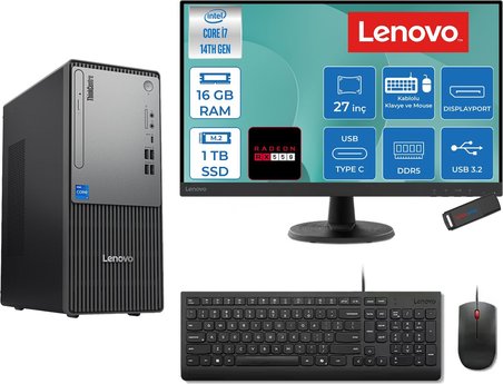 Lenovo Thinkcentre Neo 50T Gen 5  Intel® Core™ İ7-14700 16GB Ddr5 1tb SSD 4GB/RX550 Freedos +27" Monitör Mini Tower Masaüstü Bilgisayar 2712UD001UTR27F03+ZETTAUSBBELLEK