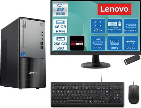 Lenovo Thinkcentre Neo 50T Gen 5  Intel® Core™ İ7-14700 48GB Ddr5 256GB SSD 4GB/RX550 Freedos +27" Monitör Mini Tower Masaüstü Bilgisayar 2712UD001UTR27F16+ZETTAUSBBELLEK