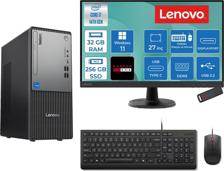Lenovo Thinkcentre Neo 50T Gen 5  Intel® Core™ İ7-14700 32GB Ddr5 256GB SSD 4GB/RX550 WIN11HOME +27" Monitör Mini Tower Masaüstü Bilgisayar 2712UD001UTR27H11+ZETTAUSBBELLEK