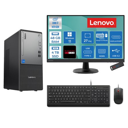 Lenovo Thinkcentre Neo 50T Gen 5  Intel® Core™ İ7-14700 48GB Ddr5 4tb SSD 4GB/RX550 WIN11PRO +27" Monitör Mini Tower Masaüstü Bilgisayar 2712UD001UTR27P20+ZETTAUSBBELLEK