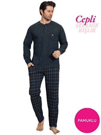 Erkek 3 Düğme Göğüs Cepli Kışlık Pamuklu Selanik Kumaş Uzun Manşetli Kol Cepli Pijama Takımı 