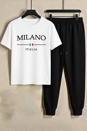 Unisex Milano Italia Tasarım Baskılı Tişört - 2'li Eşofman Takımı