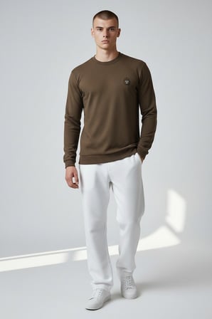 Erkek Haki Mare Jaker Kumaş Bisiklet Yaka Sweatshirt - 76566