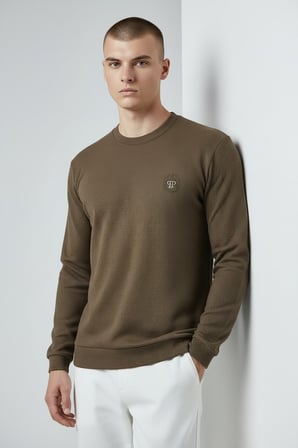 Erkek Haki Mare Jaker Kumaş Bisiklet Yaka Sweatshirt - 76566