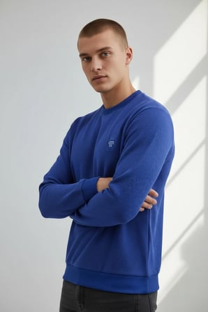 Erkek Saks Mare Jaker Kumaş Bisiklet Yaka Sweatshirt - 76566