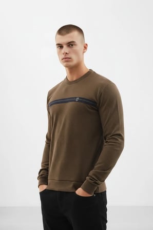 Erkek Haki Mare Jaker Kumaş Bisiklet Yaka Sweatshirt - 76577