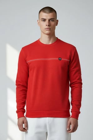 Erkek Kırmızı Mare Jaker Kumaş Bisiklet Yaka Sweatshirt - 76577