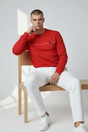 Erkek Kırmızı Mare Jaker Kumaş Bisiklet Yaka Sweatshirt - 76577