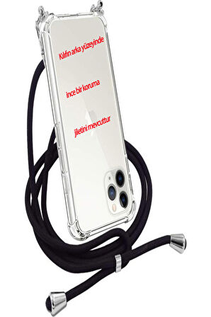 Apple iPhone 14 Kılıf Boyun Omuz Askılı İpli Şeffaf Silikon