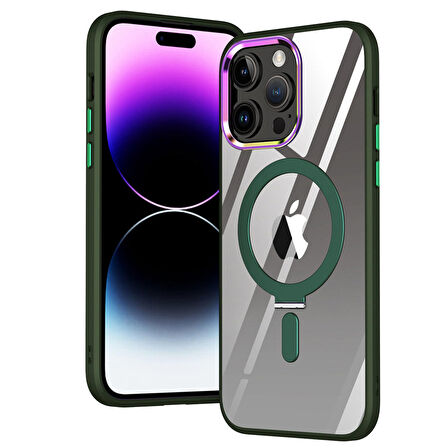 Apple Iphone 14 Pro Max Kılıf Standlı Magsafe Manyetik Kablosuz Şarj Uyumlu Renkli Şeffaf Kapak