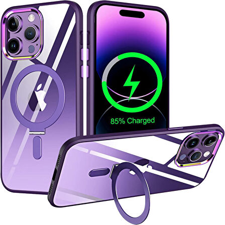 Apple Iphone 14 Pro Kılıf Standlı Magsafe Wireless Kablosuz Şarj Uyumlu Manyetik Renkli Şeffaf Kapak