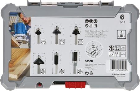 Bosch Profesyonel 6 adet Kenar ve kenar freze seti (ahşap, 8 mm şaftlı üst frezeler için)