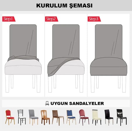 Bambu Nano Kumaş Likralı Yıkanabilir 6'lı Sandalye Kılıfı Lastikli Sandalye Örtüsü (6ADET) (Gri)