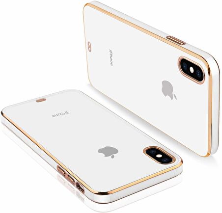 Apple iPhone X / XS Kılıf Kamera Lens Korumalı Kenarları Renkli Gold Arkası Şeffaf Silikon