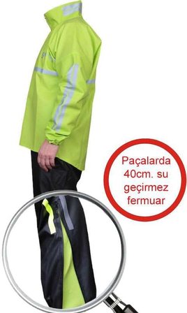 Motosiklet Yağmurluk Takım Prime 0.44Mm. Kalın %100 Su Geçirmez Kumaş Fermuarlı Paça Reflektörlü (L) L