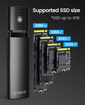 Orico USB 10Gbps M.2 NVMe &amp; SATA SSD Harici Kutu, Toolless Tasarım, Alüminyum Soğutuculu Enclosure, 2230–2280 Uyumlu, 4TB Destekli Yüksek Hızlı SSD Dönüştürücü | 1187