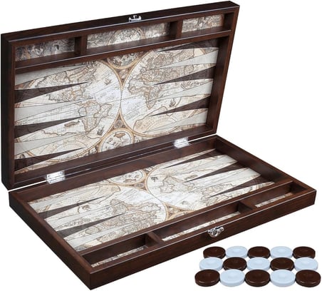 Antik Dünya Haritası Deri Tavla - 49cm x 30cm x 6.2cm, 8 Yaş ve Üzeri, Soyut Strateji, 1 Oyuncu