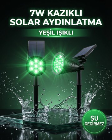 7W Kazıklı Solar Bahçe Aydınlatması Yeşil Işıklı | IP65 Su Geçirmez | Güneş Enerjili Çim Lambası 