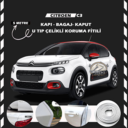 Citroen C3 Oto Araç Kapı Koruma Fitili 5metre Parlak Beyaz Renk