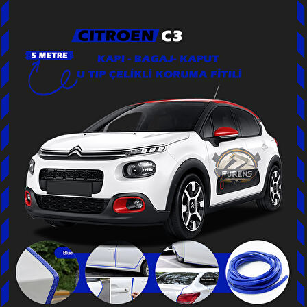 Citroen C3 Oto Araç Kapı Koruma Fitili 5metre Parlak Mavi Renk