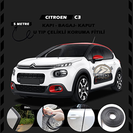 Citroen C3 Oto Araç Kapı Koruma Fitili 5metre Parlak Siyah Renk