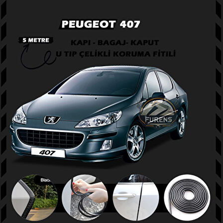 Peugeot 407 Oto Araç Kapı Koruma Fitili 5metre Parlak Siyah Renk