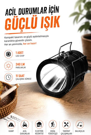 3 Fonksiyonlu Şarjlı Solarlı Kamp Lambası El Feneri Powerbank Özellikli Taşıma Kulplu Siyah 5800T