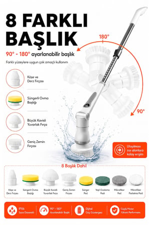 Kablosuz Şarjlı Temizlik Fırçası 8 Başlıklı 3 Kademe Hız Ayarlı Teleskopik Çok Amaçlı Ev Cihazı