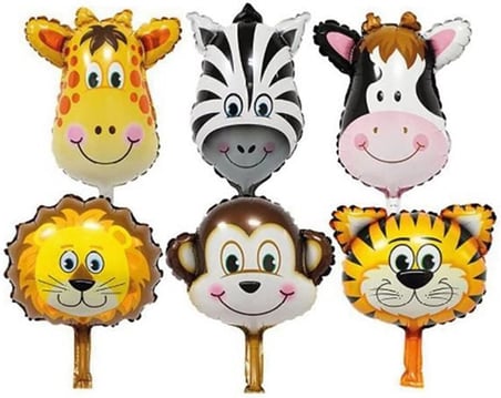 6 Adet 14'' 35 cm Safari Set Folyo Balon Hayvan Seti Maymun-zürafa-zebra-aslan-inek-kaplan