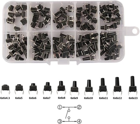 Alkatronik 200 Adet 6x6mm Tact Buton Set 10 Farklı Yükseklikte 4 Pin Dokunmatik Anlık Basmalı Düğme Anahtar