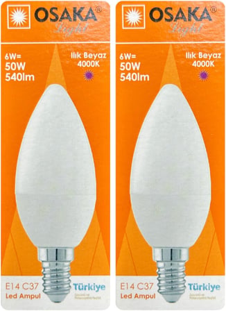 Osaka 6W (50W) Günışığı 4000K E14 Led Mum Ampul, 2 Adet
