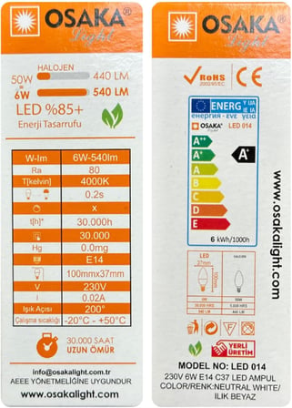 Osaka 6W (50W) Günışığı 4000K E14 Led Mum Ampul, 2 Adet