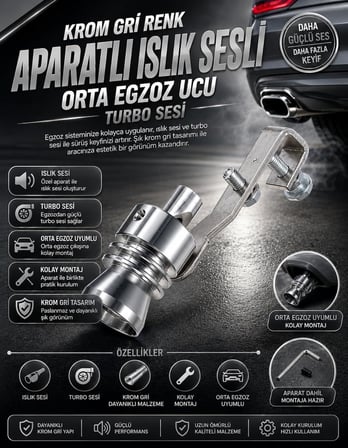 Zauss Aparatlı Islık Sesli Orta Egzoz Ucu Turbo Sesi (Krom-Gri)