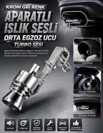 Zauss Aparatlı Islık Sesli Orta Egzoz Ucu Turbo Sesi (Krom-Gri)