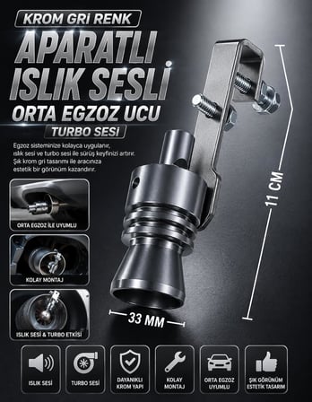 Zauss Aparatlı Islık Sesli Orta Egzoz Ucu Turbo Sesi (Krom-Gri)