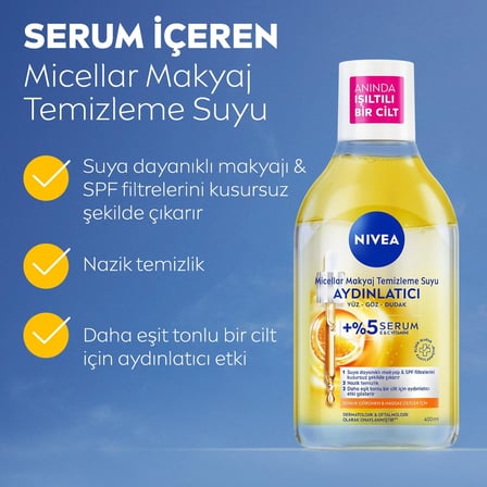 NIVEA Micellar Aydınlatıcı Makyaj Temizleme Suyu 400 ml,Suya Dayanıklı Makyajı Çıkarır,Ovalama Gerektirmez,Serum İçerikli,C Vitamini,E Vitamini,