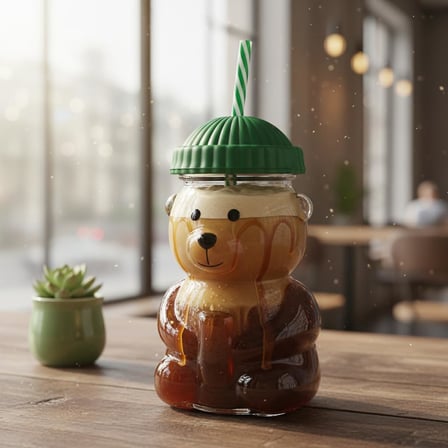 Sevimli Ayıcık Figürlü Borosilikat Cam Bardak 580 ml - Silikon Kapaklı ve Pipetli Lüx Barista Soğuk İçecek Bardağı (YEŞİL)
